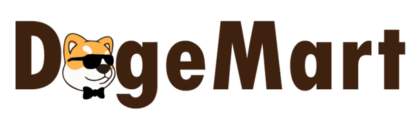 DogeMart logo, orange corgi with glasses and brown lettering 